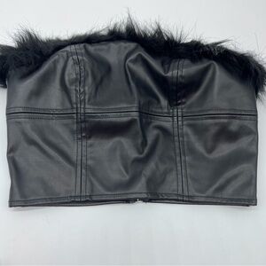Shein Black Faux Leather Tube Top with Faux Leather/Fur Trim Back Zipper-Size S